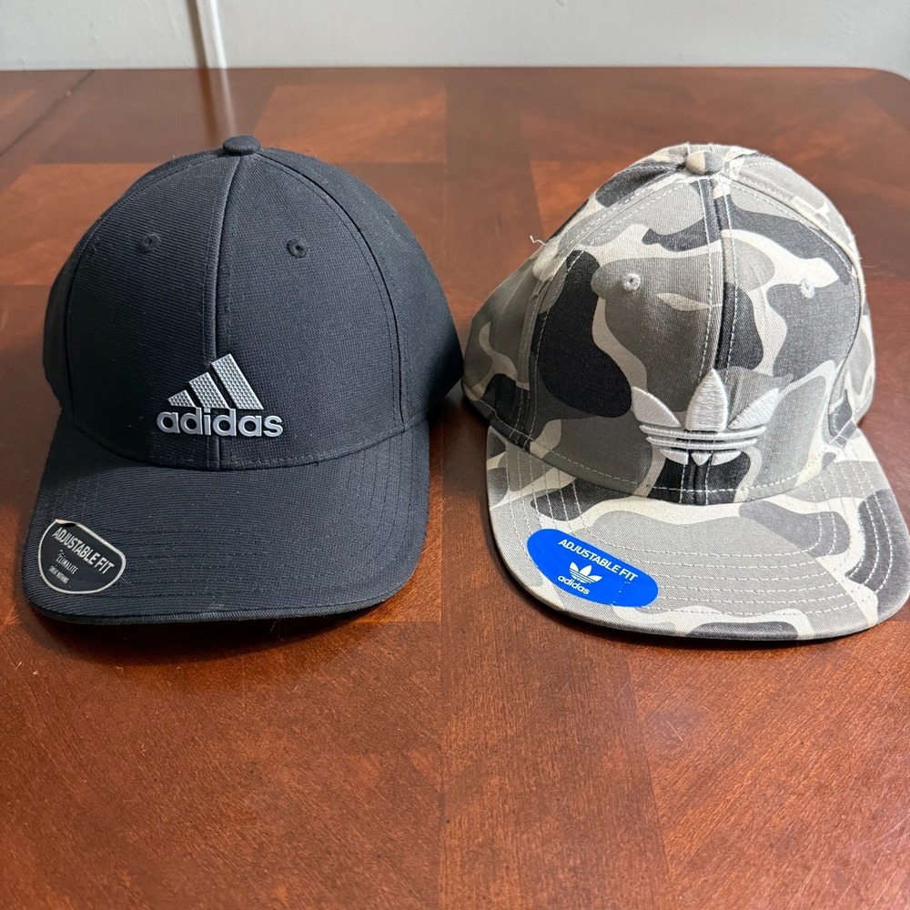 Lot of 2 Adidas Adjustable Hats Black Climacool Logo Cap & Camo Trefoil Snapback